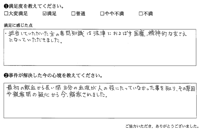 担当していただいた方の専問知識は法律におよばす医療、精神的な支さえになっていただきました