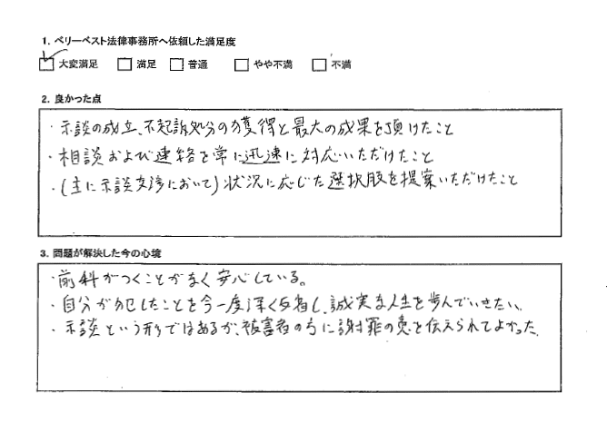 示談の成立、不起訴処分の獲得と最大の成果を頂け、相談および連絡を常に迅速に対応いただけたこと。