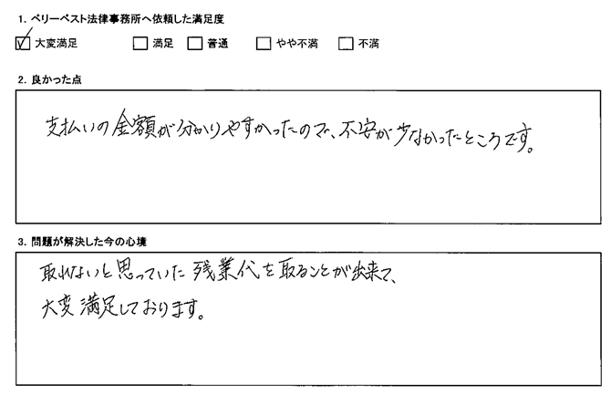 残業代を取ることが出来て、大変満足しております